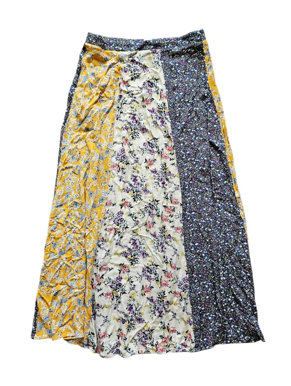 NATURAL LIFE Mixed Floral Panel Maxi Skirt - Yellow, Cream, Navy Size Medium